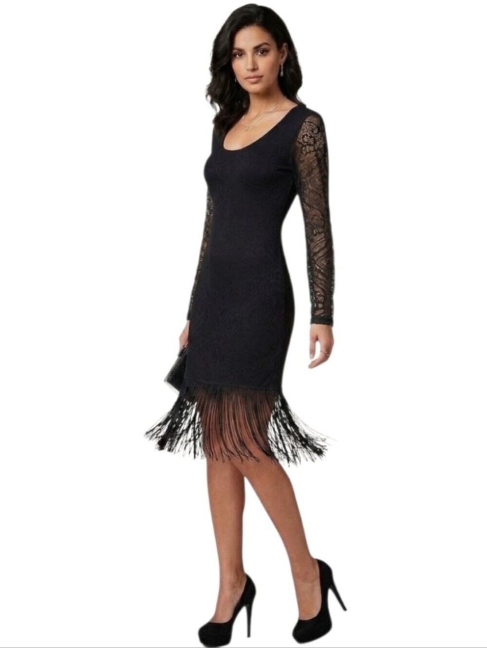 RORY Beca Fringe Lace Sleeve Cocktail Party Dress